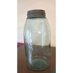 Antique BALL Mason 9 1/2" Jar Triple L Aqua-Blue  Zinc Lid 1900-1910 Milk Glass